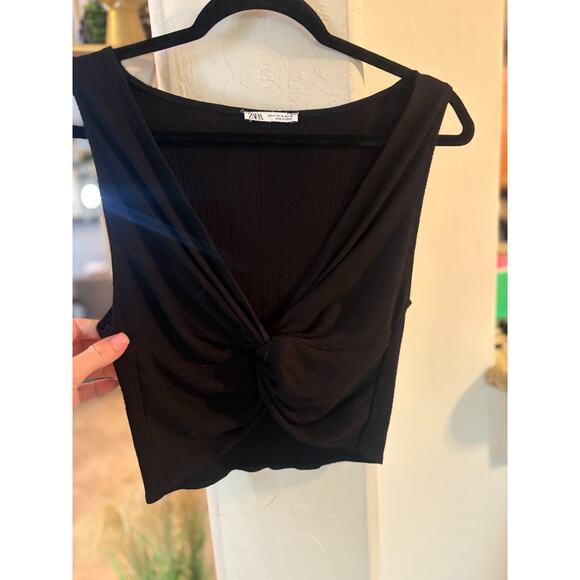 ZARA Deep V-Neck Black Crop Top Size M 4-8 - Picture 1 of 3